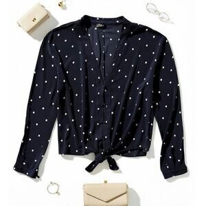 Navy Polka Dot Front Tie Blouse Small Vintage Y2K V-Neck